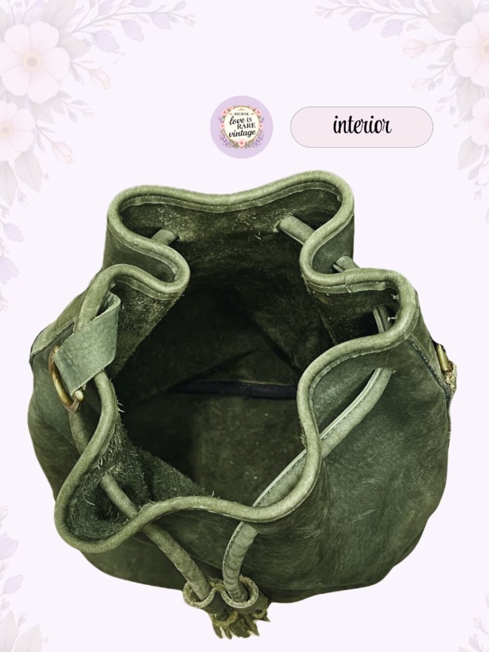 Vintage Dooney & Bourke Leather Bucket Bag • 1990s Green Suede Drawstring Purse - Picture 13 of 15